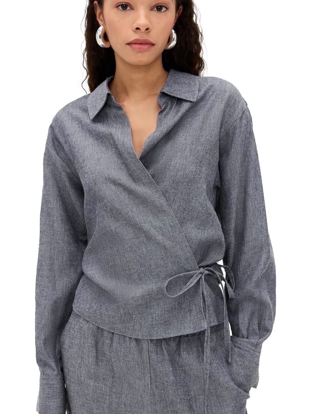 Vince Collared Wrap-Style Long Sleeve Top in Chambrey Charcoal Heather Gray